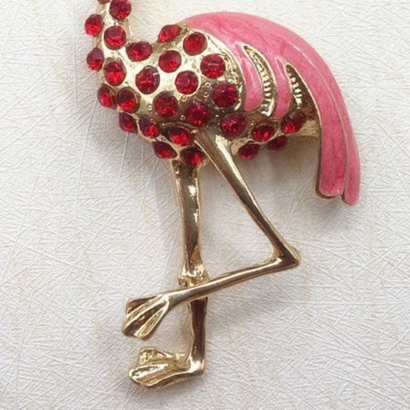 New Red Flamingo Bird Crystal Enamel Long Necklace - Picture 3 of 5